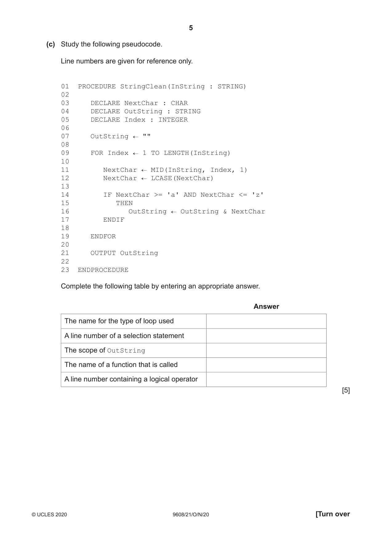 Cambridge A Level Computer Science 9608 2020 Oct/Nov Paper 2 · Variant 1 question paper, page 5 of 20