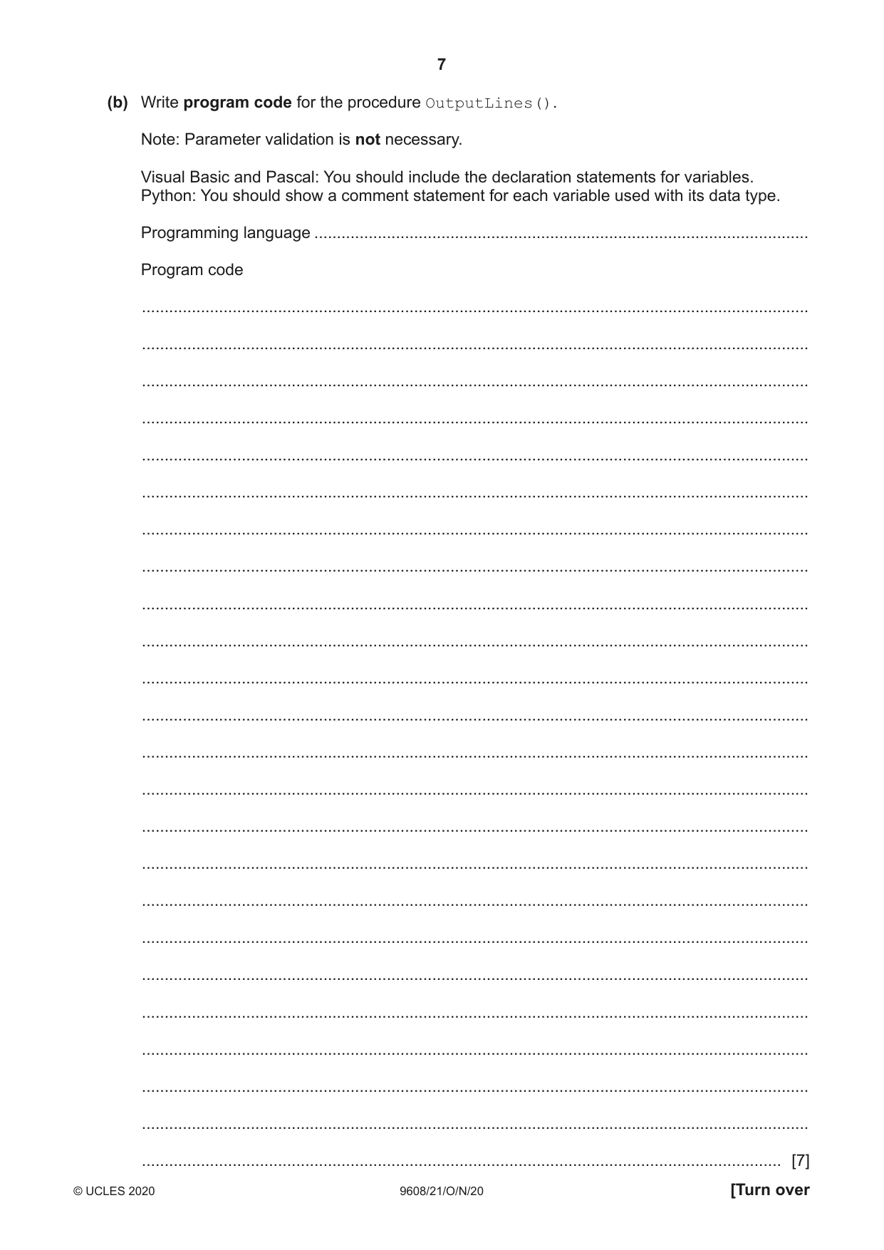 Cambridge A Level Computer Science 9608 2020 Oct/Nov Paper 2 · Variant 1 question paper, page 7 of 20