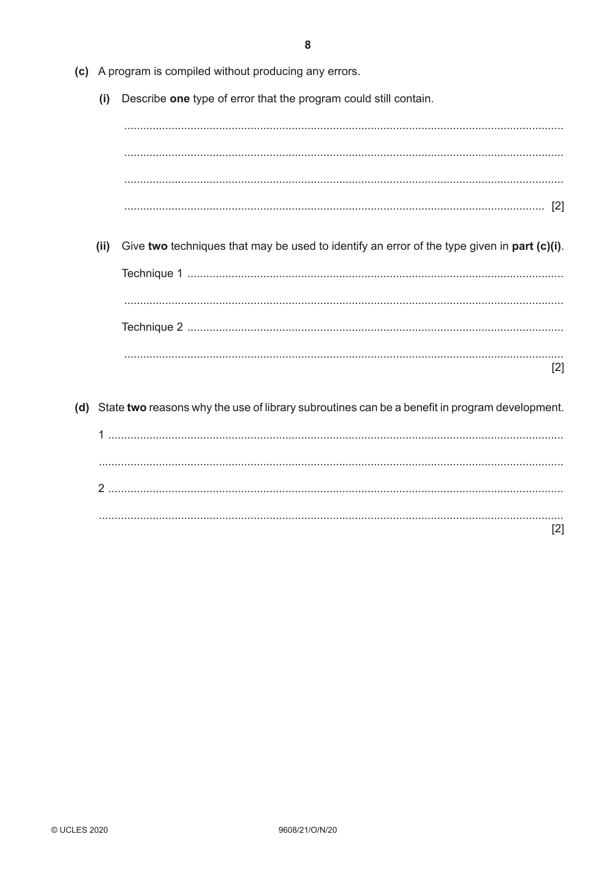 Cambridge A Level Computer Science 9608 2020 Oct/Nov Paper 2 · Variant 1 question paper, page 8 of 20