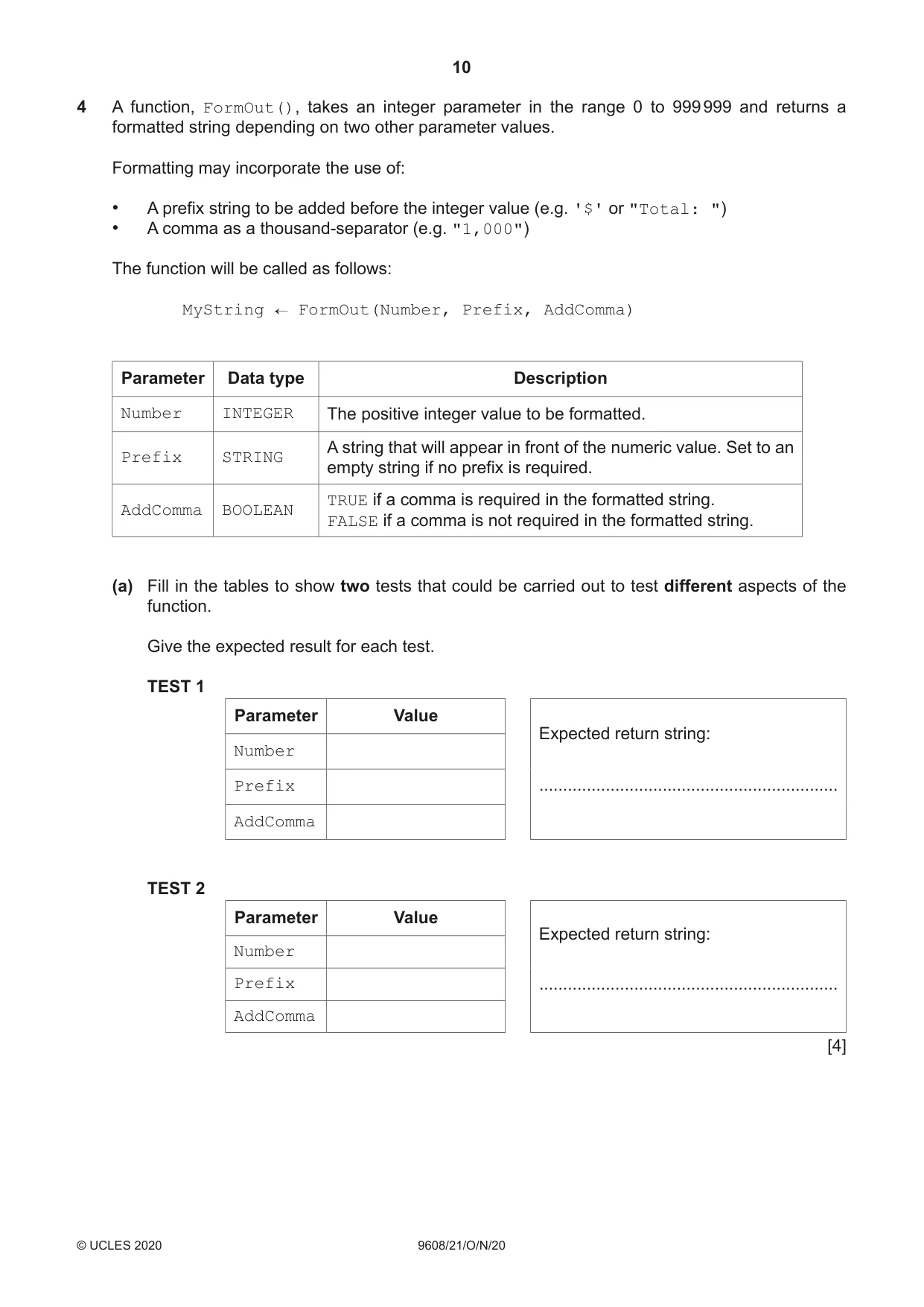 Cambridge A Level Computer Science 9608 2020 Oct/Nov Paper 2 · Variant 1 question paper, page 10 of 20