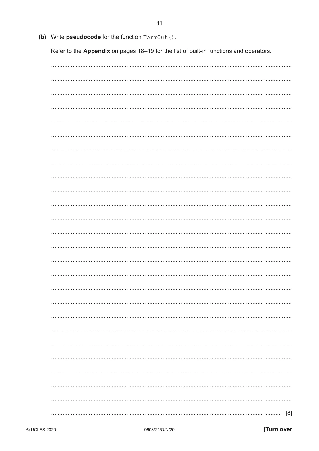 Cambridge A Level Computer Science 9608 2020 Oct/Nov Paper 2 · Variant 1 question paper, page 11 of 20