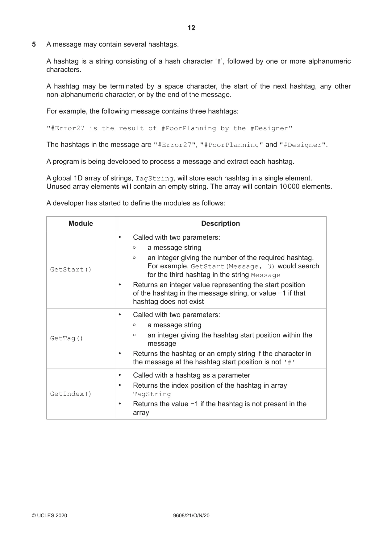Cambridge A Level Computer Science 9608 2020 Oct/Nov Paper 2 · Variant 1 question paper, page 12 of 20