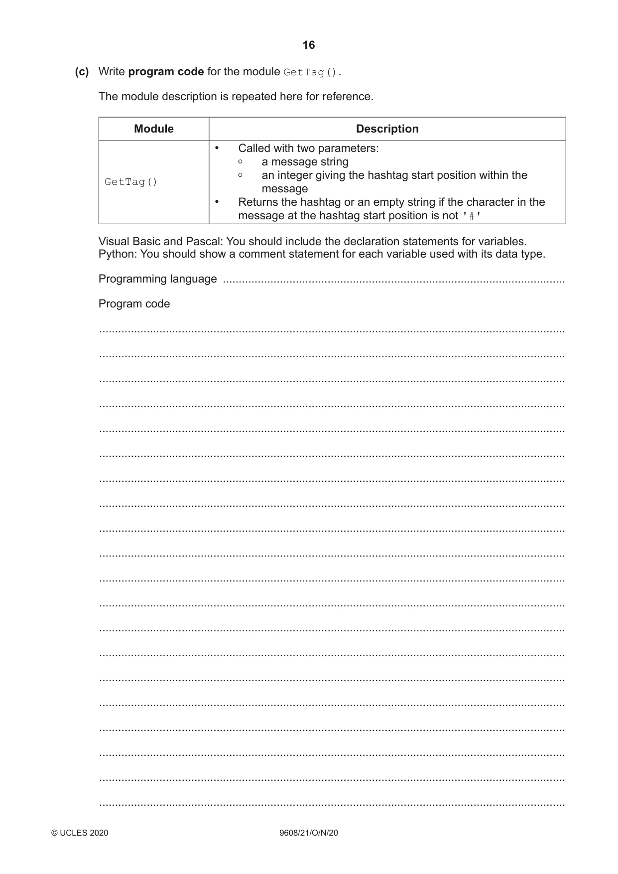 Cambridge A Level Computer Science 9608 2020 Oct/Nov Paper 2 · Variant 1 question paper, page 16 of 20