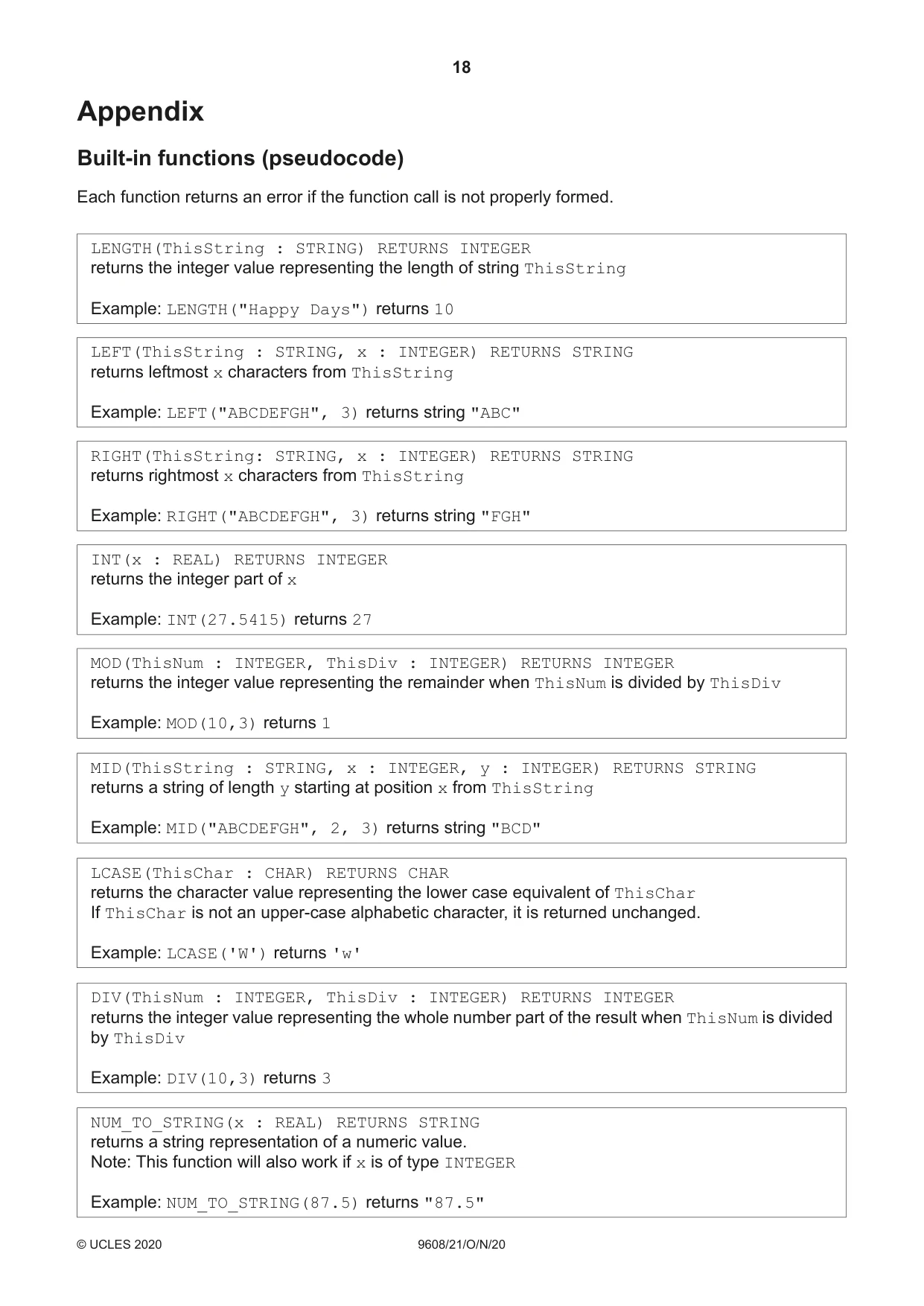 Cambridge A Level Computer Science 9608 2020 Oct/Nov Paper 2 · Variant 1 question paper, page 18 of 20