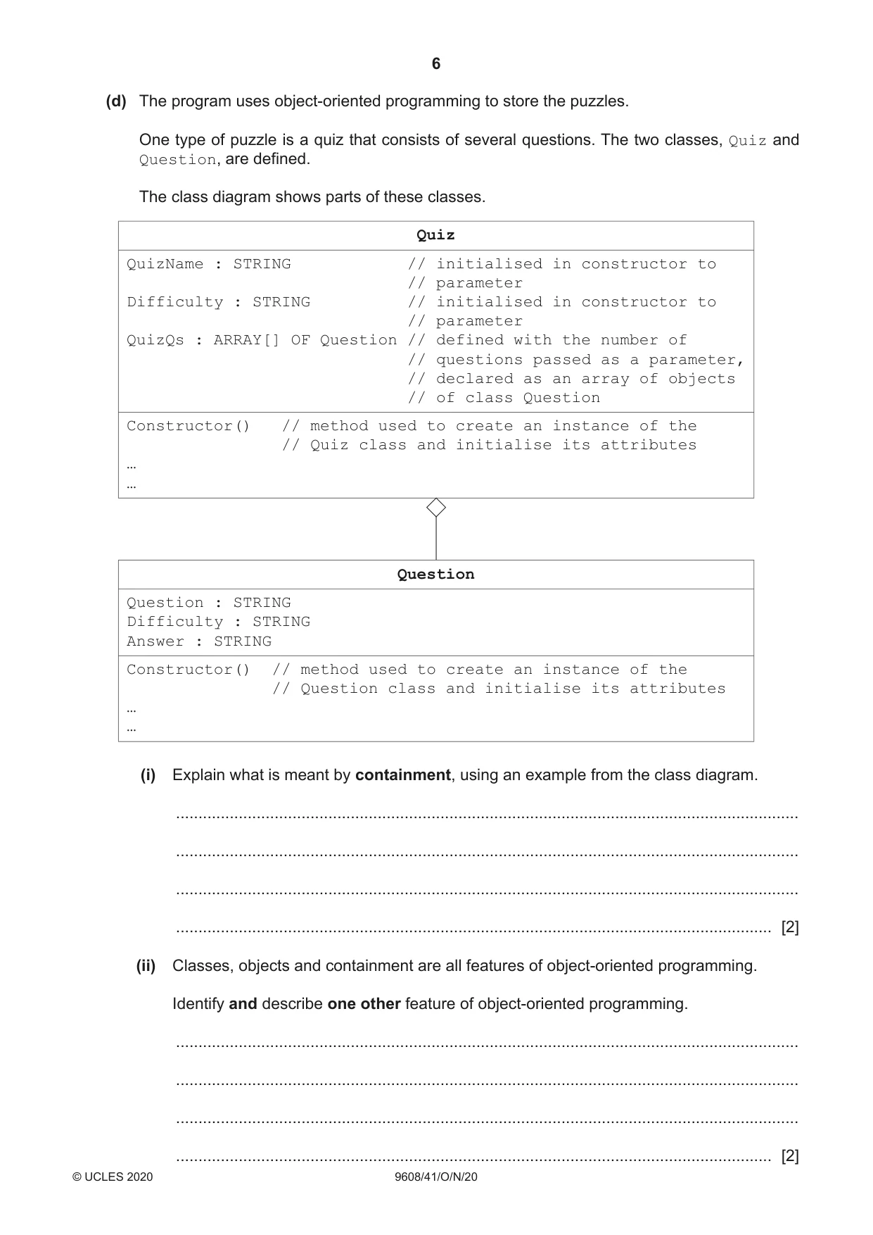 Cambridge A Level Computer Science 9608 2020 Oct/Nov Paper 4 · Variant 1 question paper, page 6 of 20