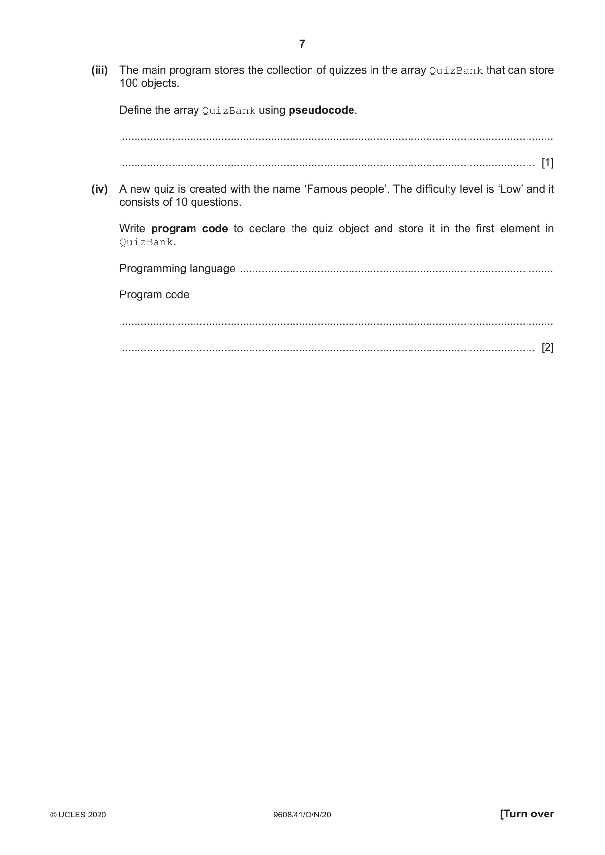 Cambridge A Level Computer Science 9608 2020 Oct/Nov Paper 4 · Variant 1 question paper, page 7 of 20