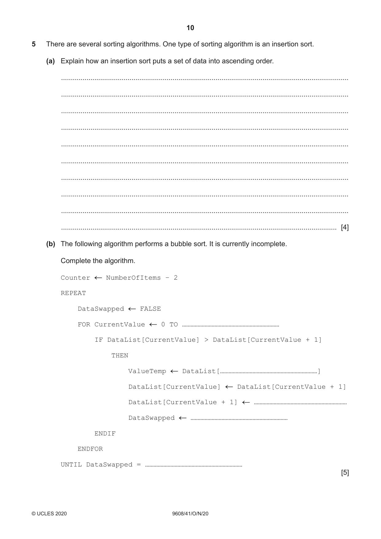 Cambridge A Level Computer Science 9608 2020 Oct/Nov Paper 4 · Variant 1 question paper, page 10 of 20