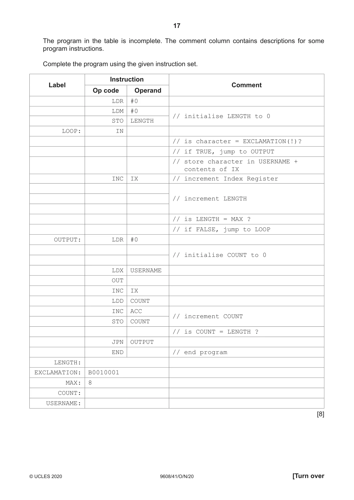 Cambridge A Level Computer Science 9608 2020 Oct/Nov Paper 4 · Variant 1 question paper, page 17 of 20