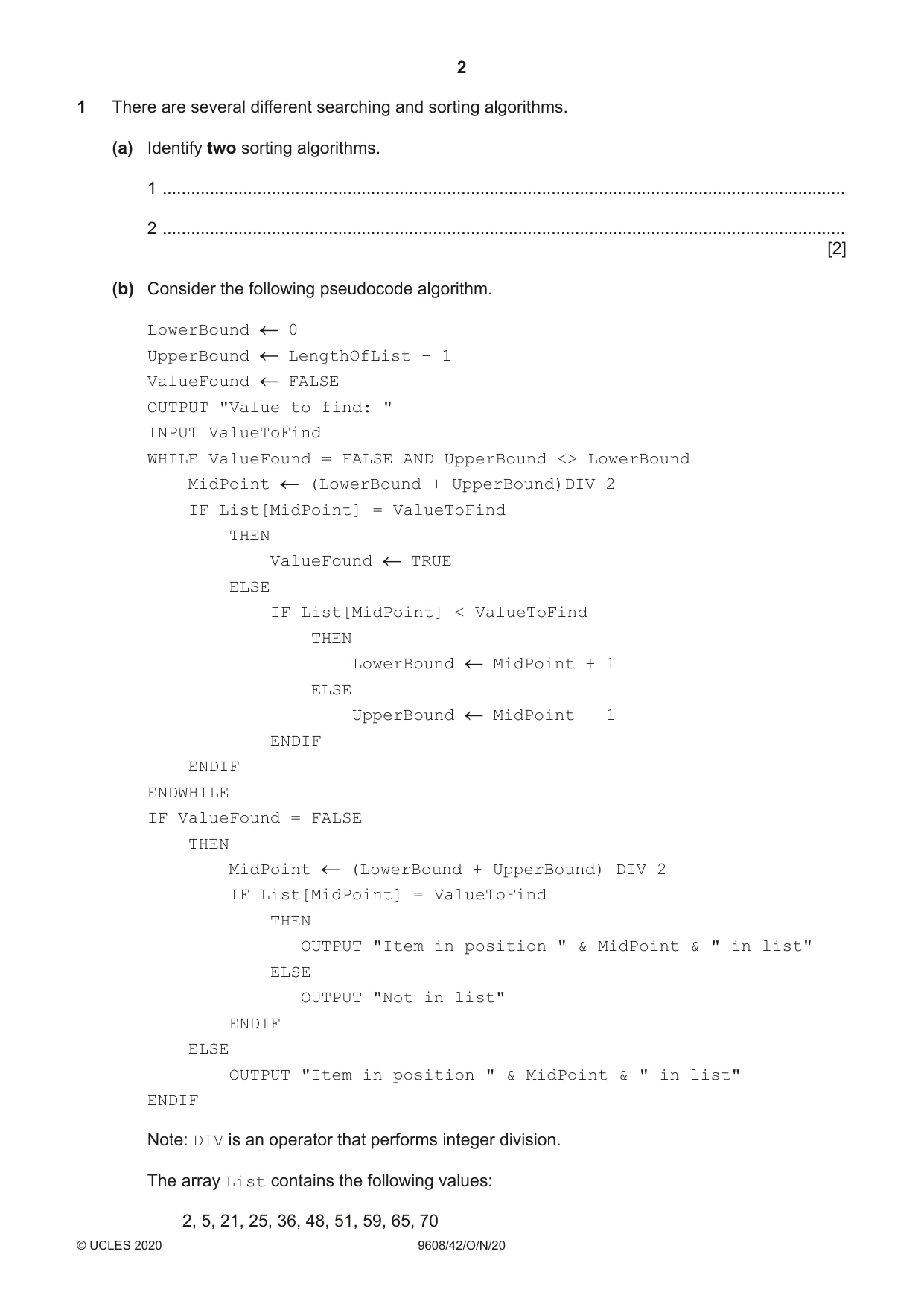 Cambridge A Level Computer Science 9608 2020 Oct/Nov Paper 4 · Variant 2 question paper, page 2 of 20