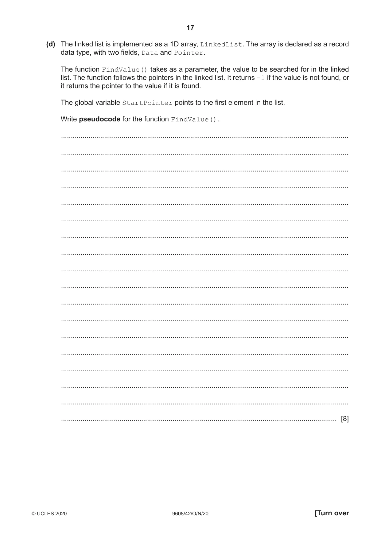 Cambridge A Level Computer Science 9608 2020 Oct/Nov Paper 4 · Variant 2 question paper, page 17 of 20