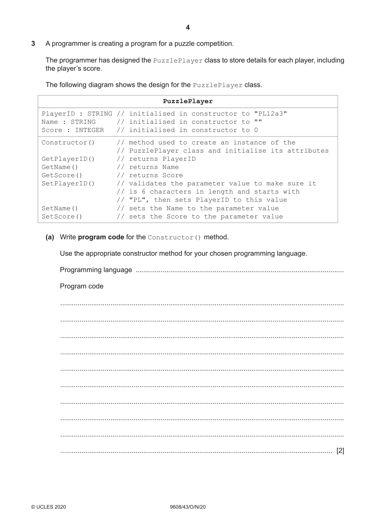 Cambridge A Level Computer Science 9608 2020 Oct/Nov Paper 4 · Variant 3 question paper, page 4 of 20
