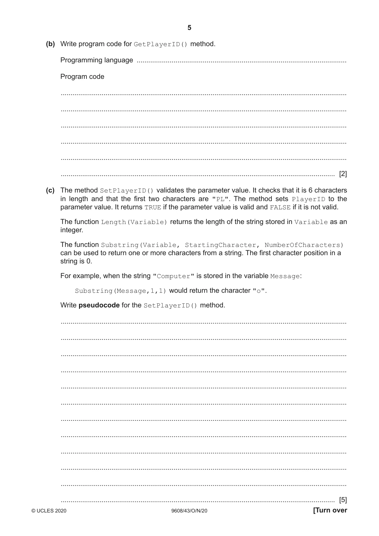 Cambridge A Level Computer Science 9608 2020 Oct/Nov Paper 4 · Variant 3 question paper, page 5 of 20
