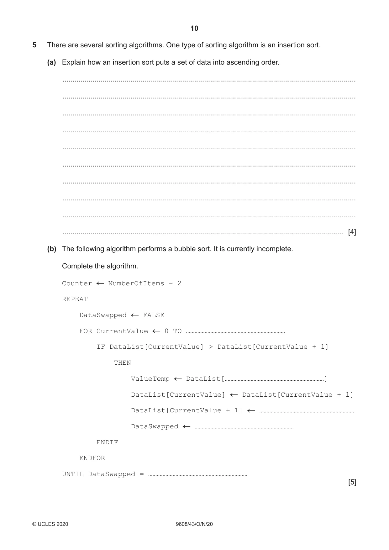 Cambridge A Level Computer Science 9608 2020 Oct/Nov Paper 4 · Variant 3 question paper, page 10 of 20