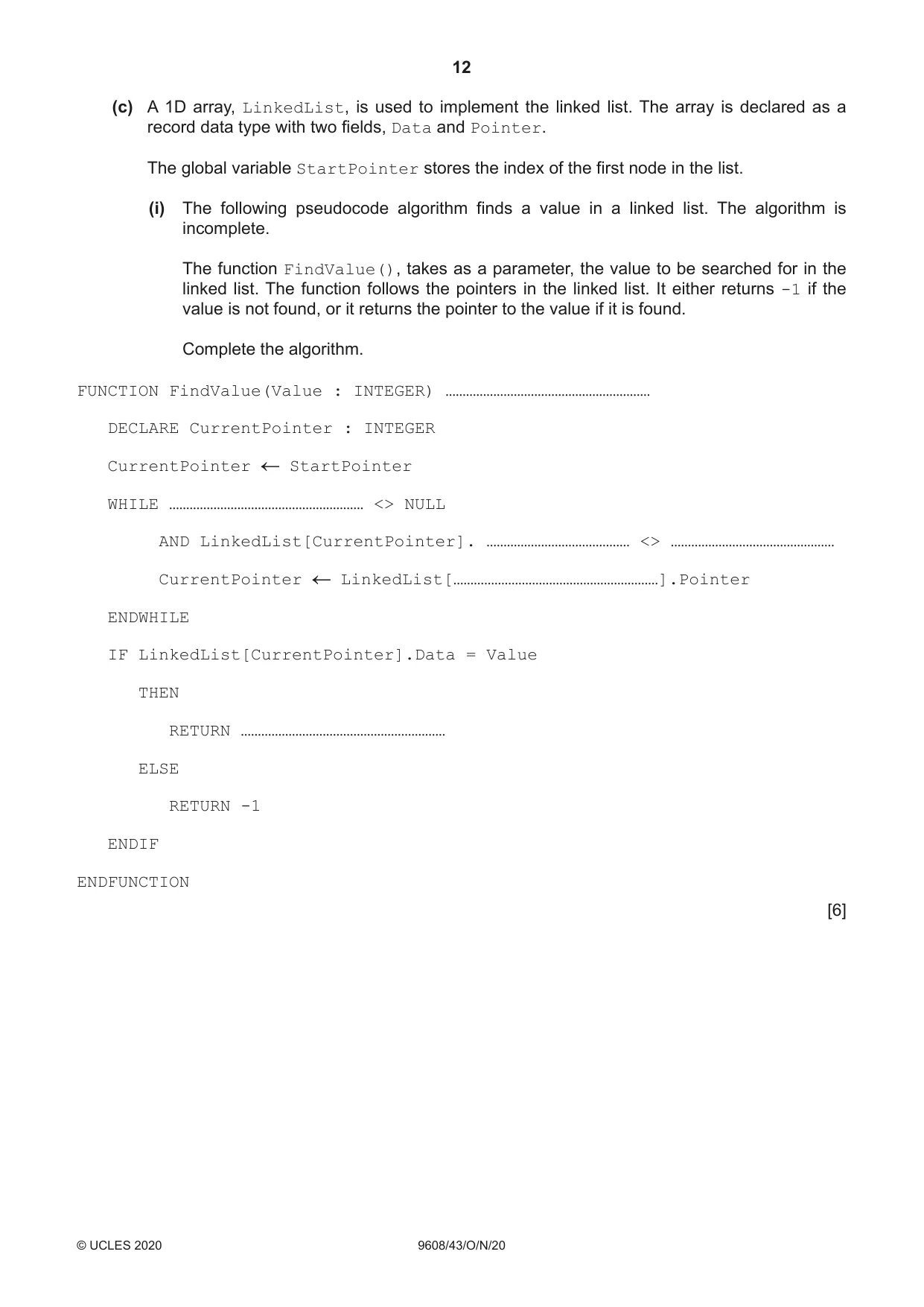 Cambridge A Level Computer Science 9608 2020 Oct/Nov Paper 4 · Variant 3 question paper, page 12 of 20