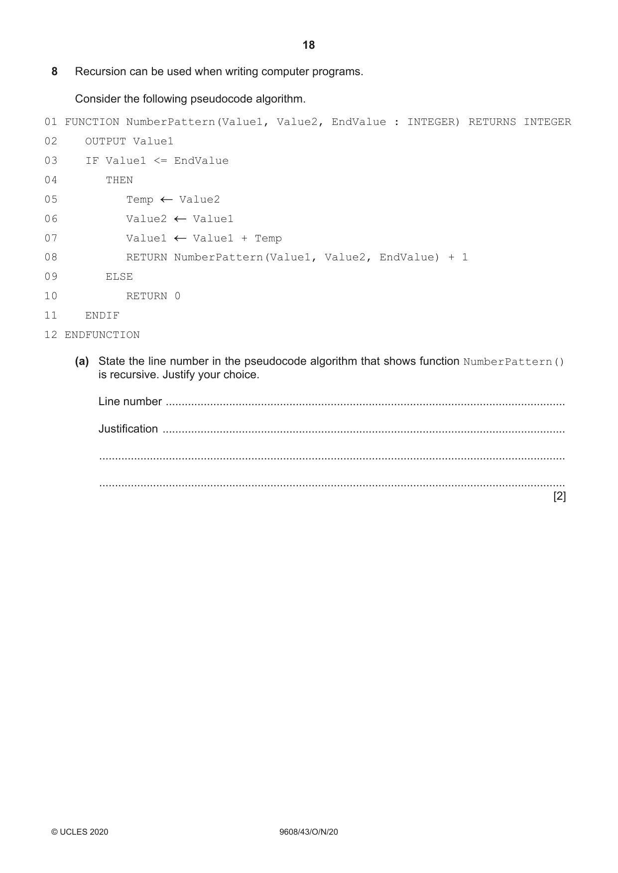Cambridge A Level Computer Science 9608 2020 Oct/Nov Paper 4 · Variant 3 question paper, page 18 of 20