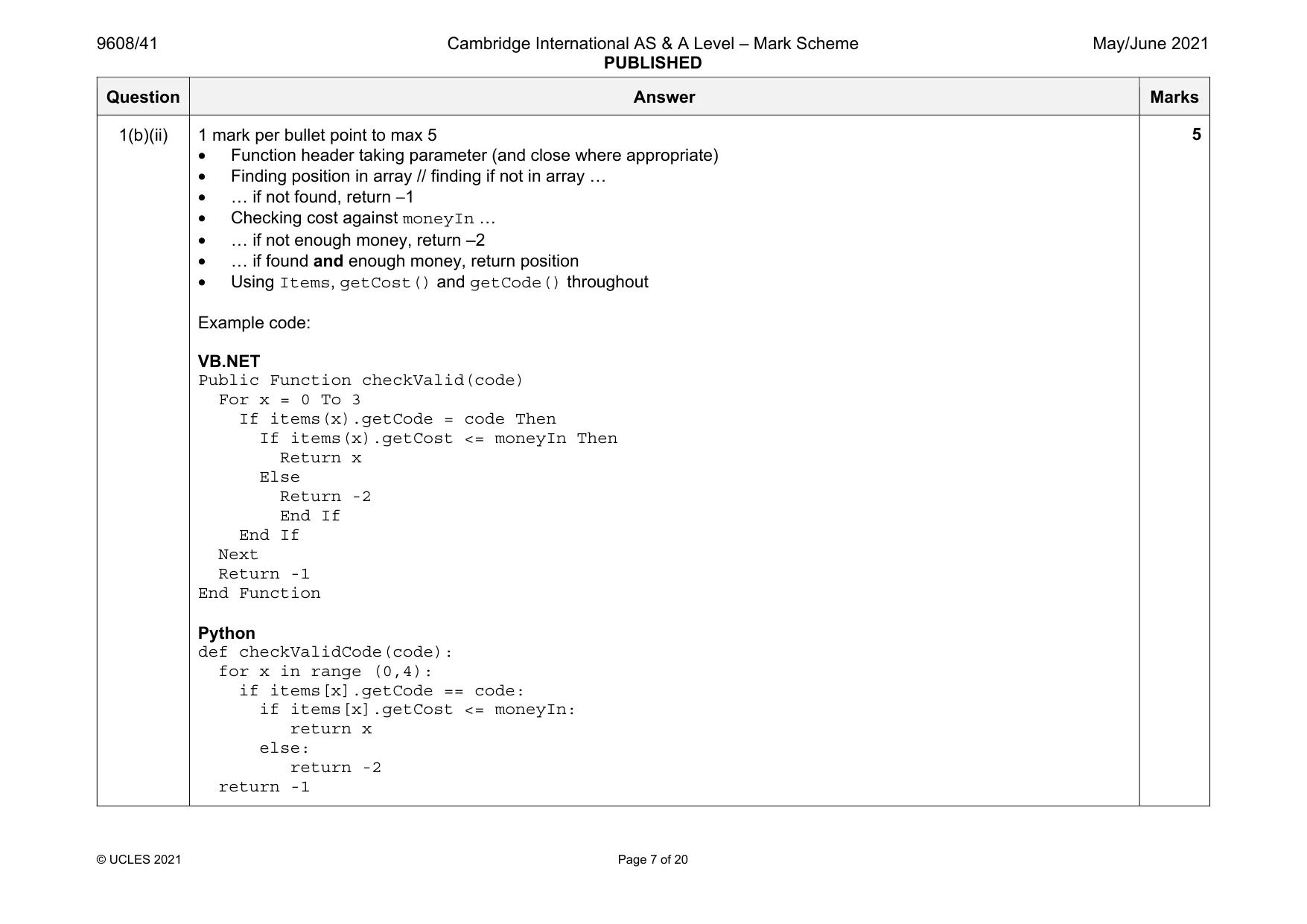 Mark scheme, page 7 of 20