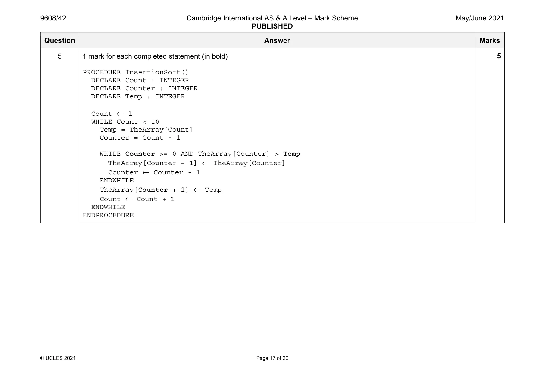 Mark scheme, page 17 of 20