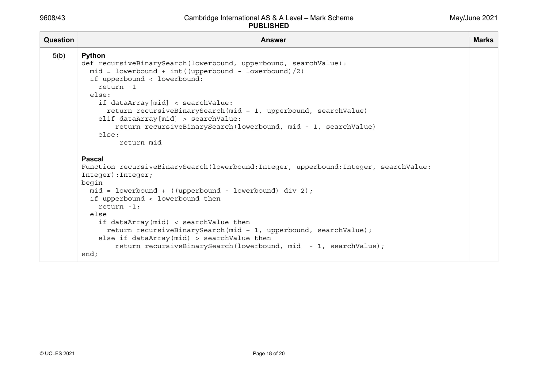 Mark scheme, page 18 of 20