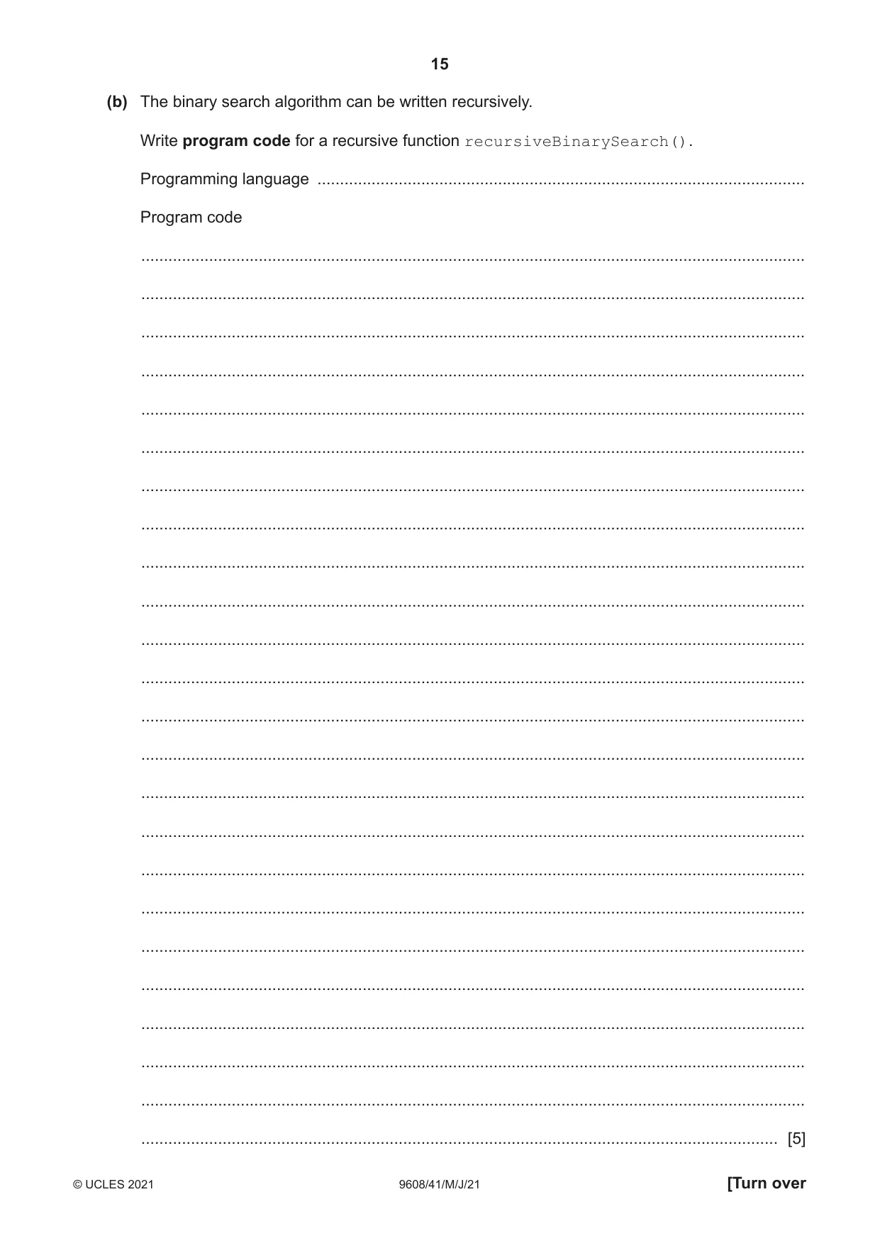 Cambridge A Level Computer Science 9608 2021 May/June Paper 4 · Variant 1 question paper, page 15 of 20