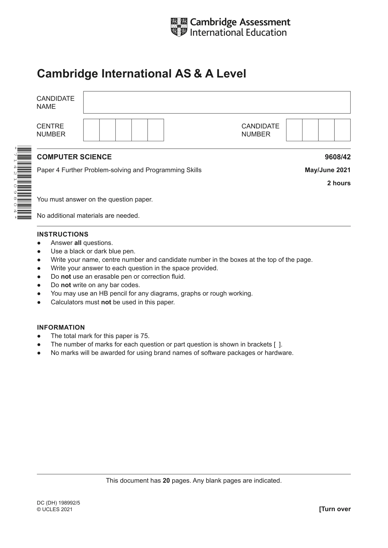 Cambridge A Level Computer Science 9608 2021 May/June Paper 4 · Variant 2 question paper, page 1 of 20