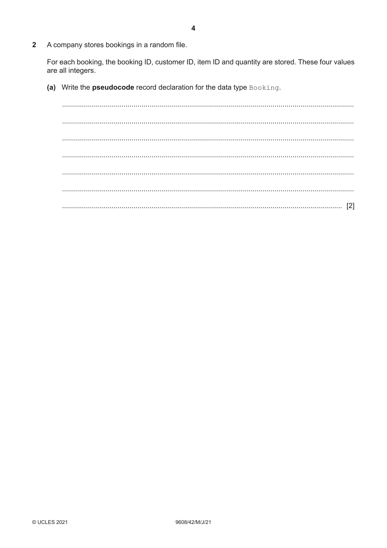 Cambridge A Level Computer Science 9608 2021 May/June Paper 4 · Variant 2 question paper, page 4 of 20