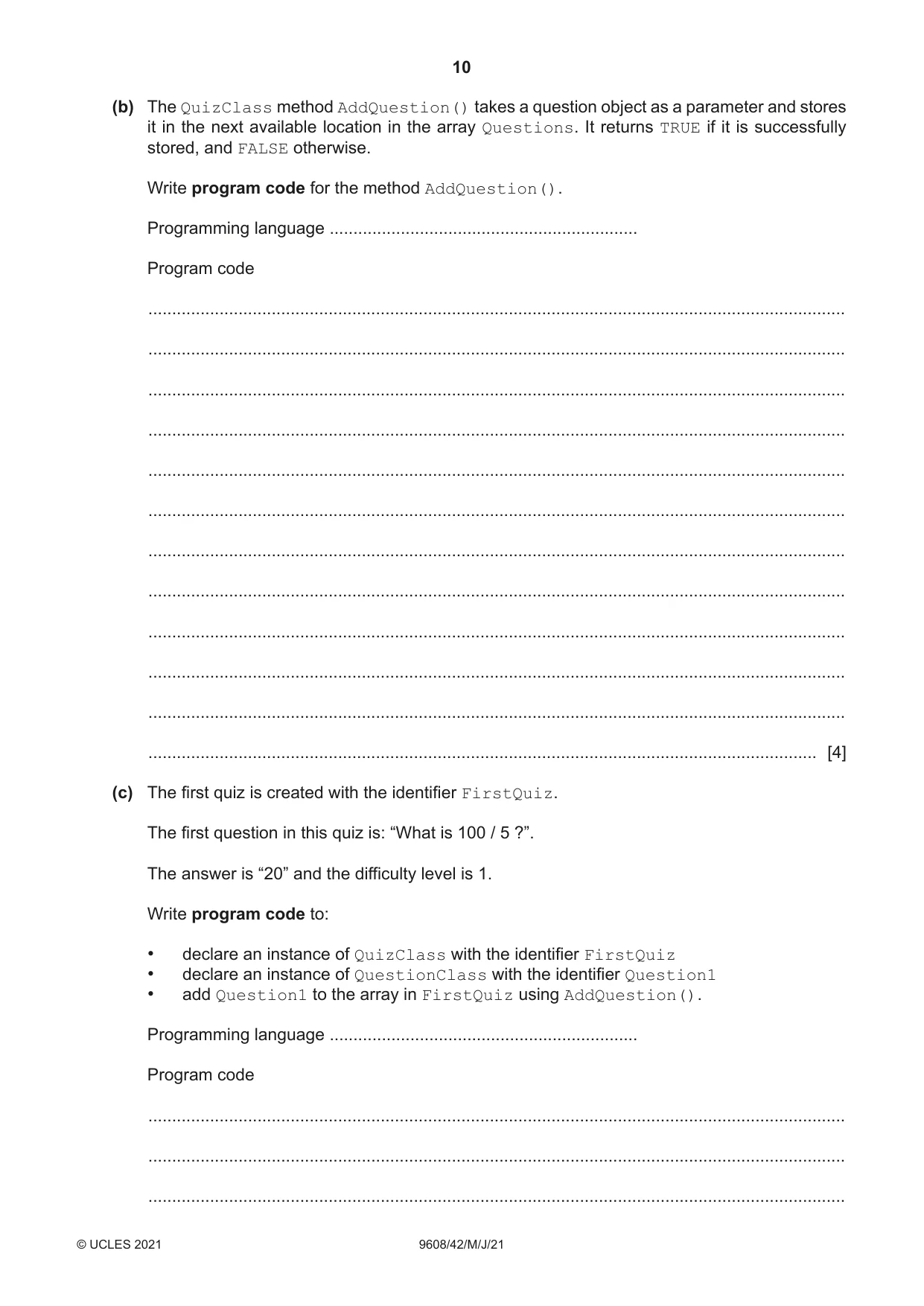 Cambridge A Level Computer Science 9608 2021 May/June Paper 4 · Variant 2 question paper, page 10 of 20