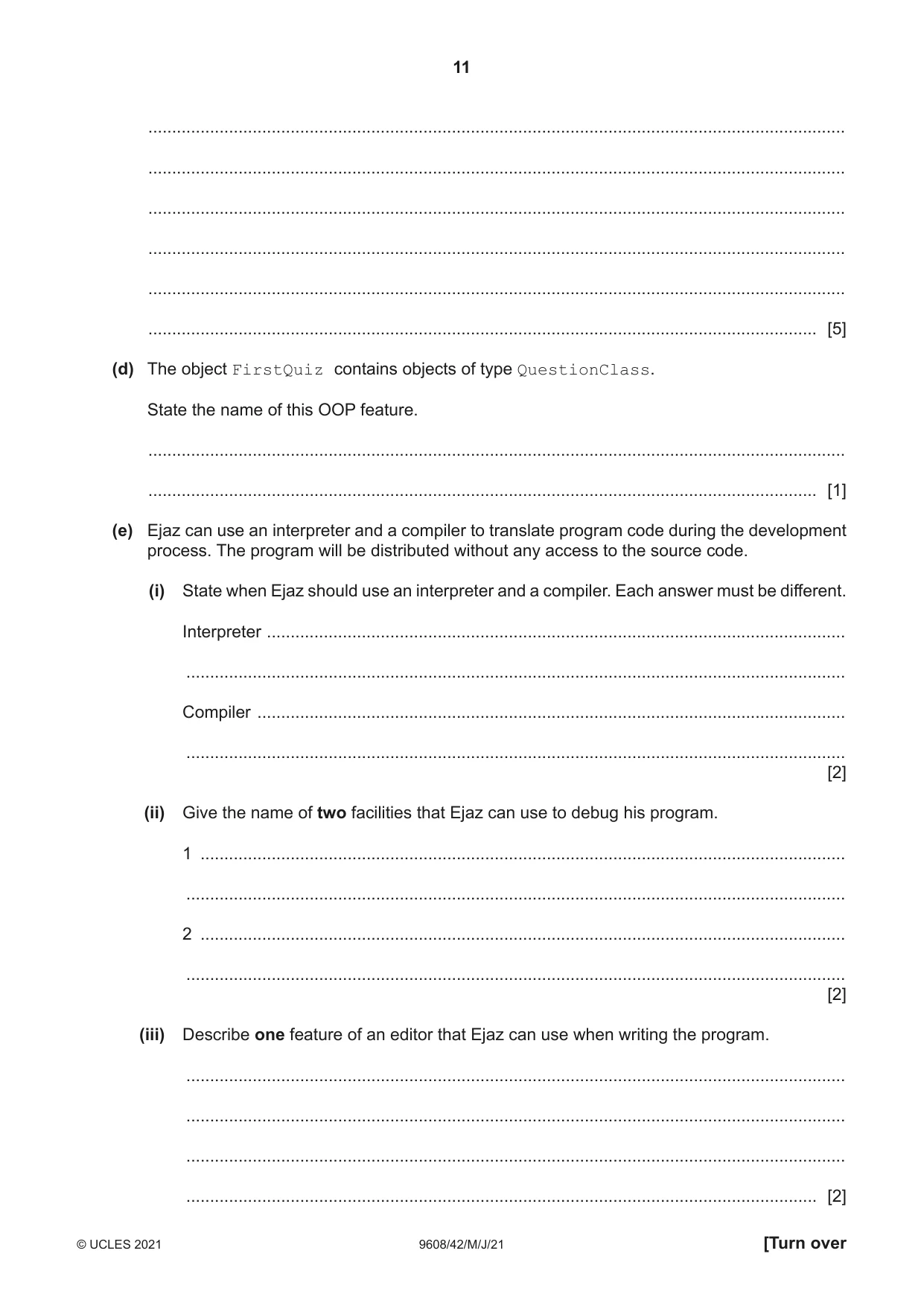 Cambridge A Level Computer Science 9608 2021 May/June Paper 4 · Variant 2 question paper, page 11 of 20