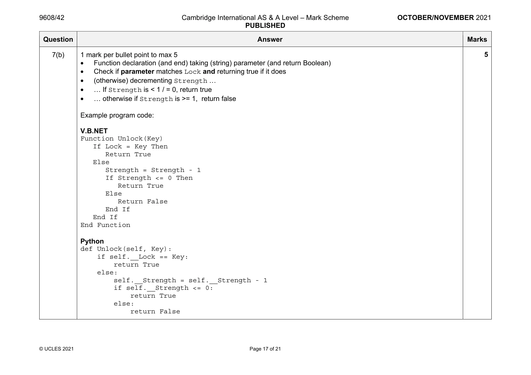 Mark scheme, page 17 of 21