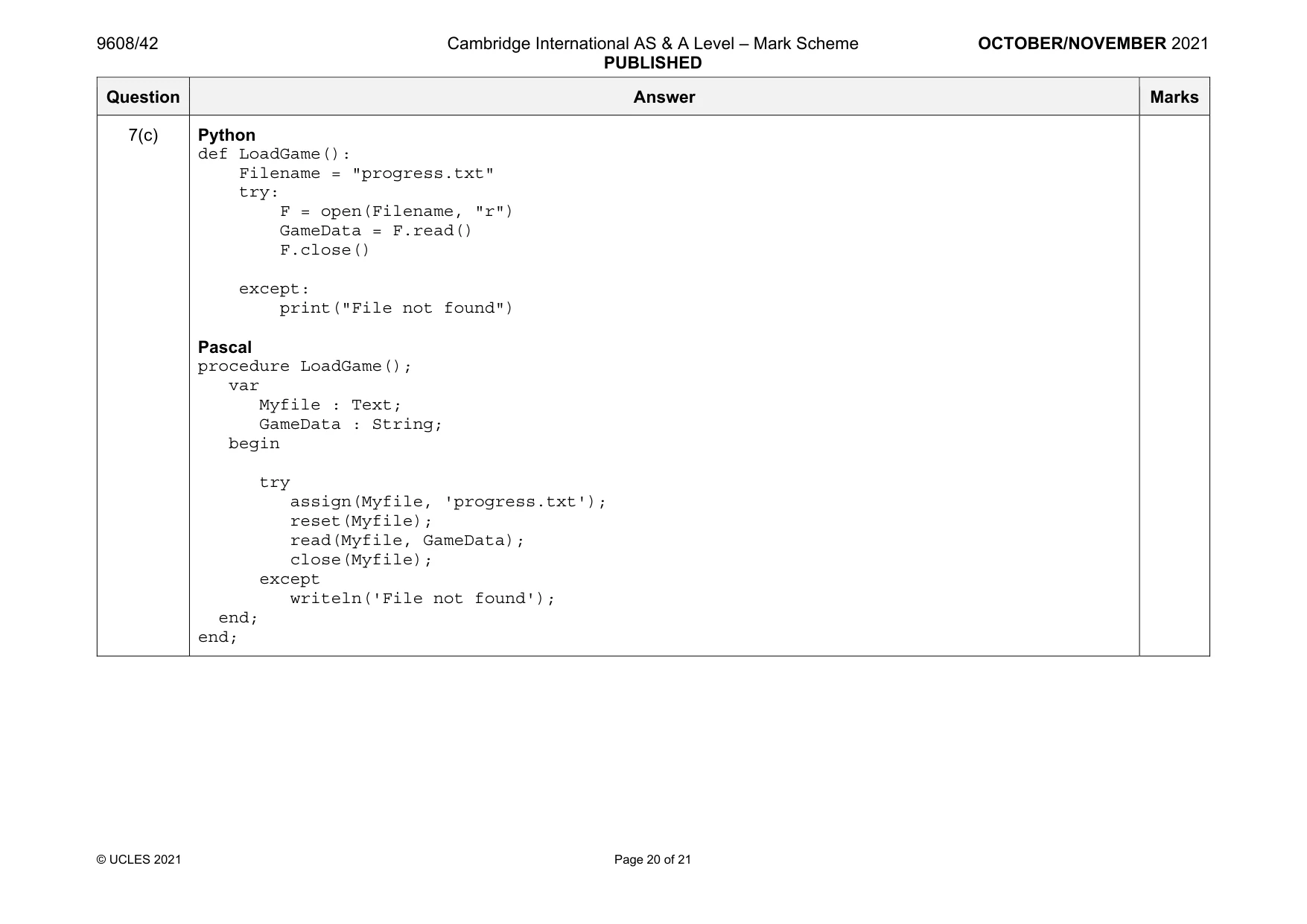 Mark scheme, page 20 of 21