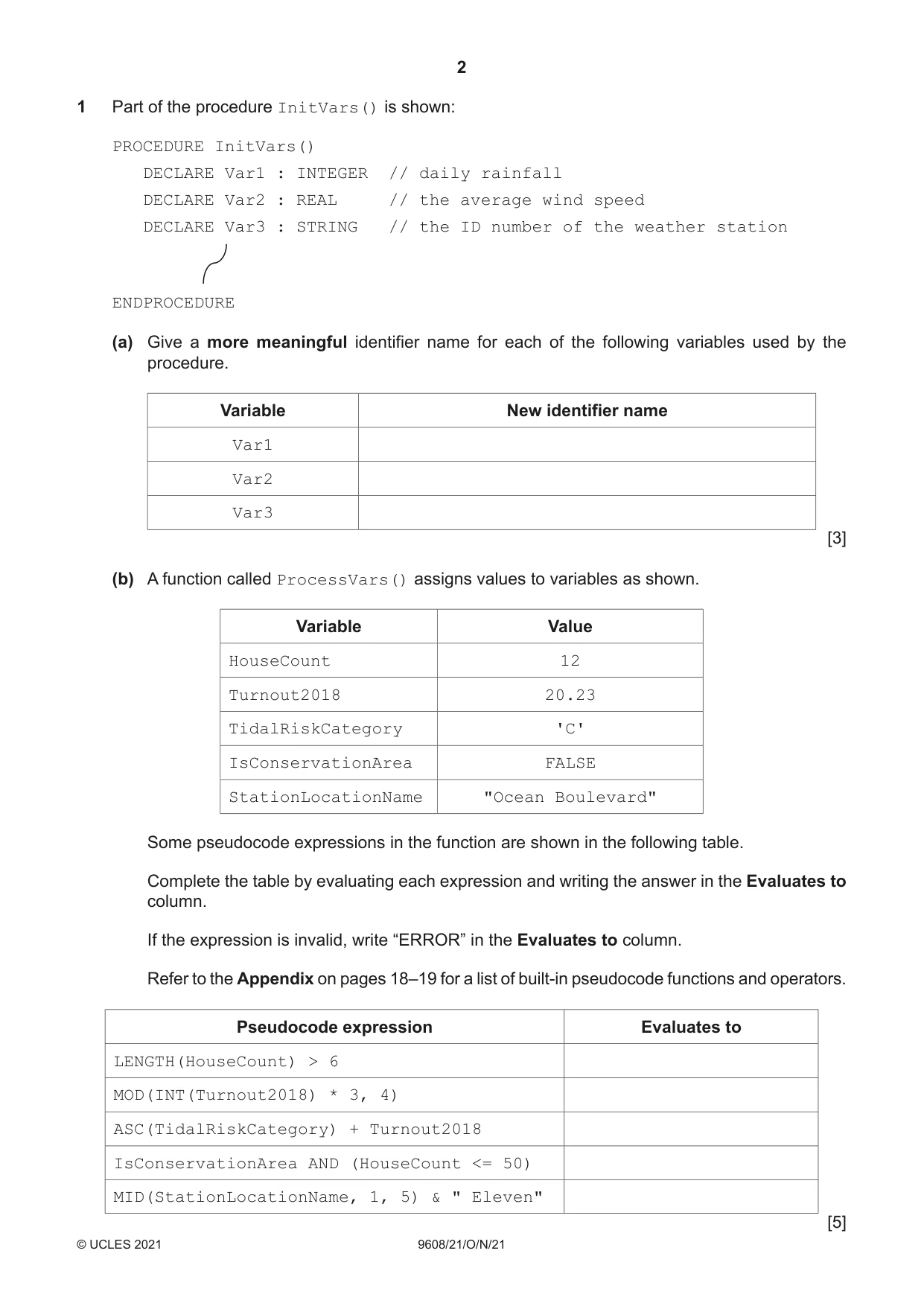 Cambridge A Level Computer Science 9608 2021 Oct/Nov Paper 2 · Variant 1 question paper, page 2 of 20
