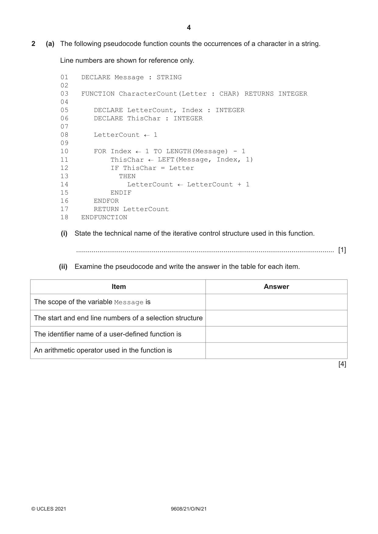 Cambridge A Level Computer Science 9608 2021 Oct/Nov Paper 2 · Variant 1 question paper, page 4 of 20