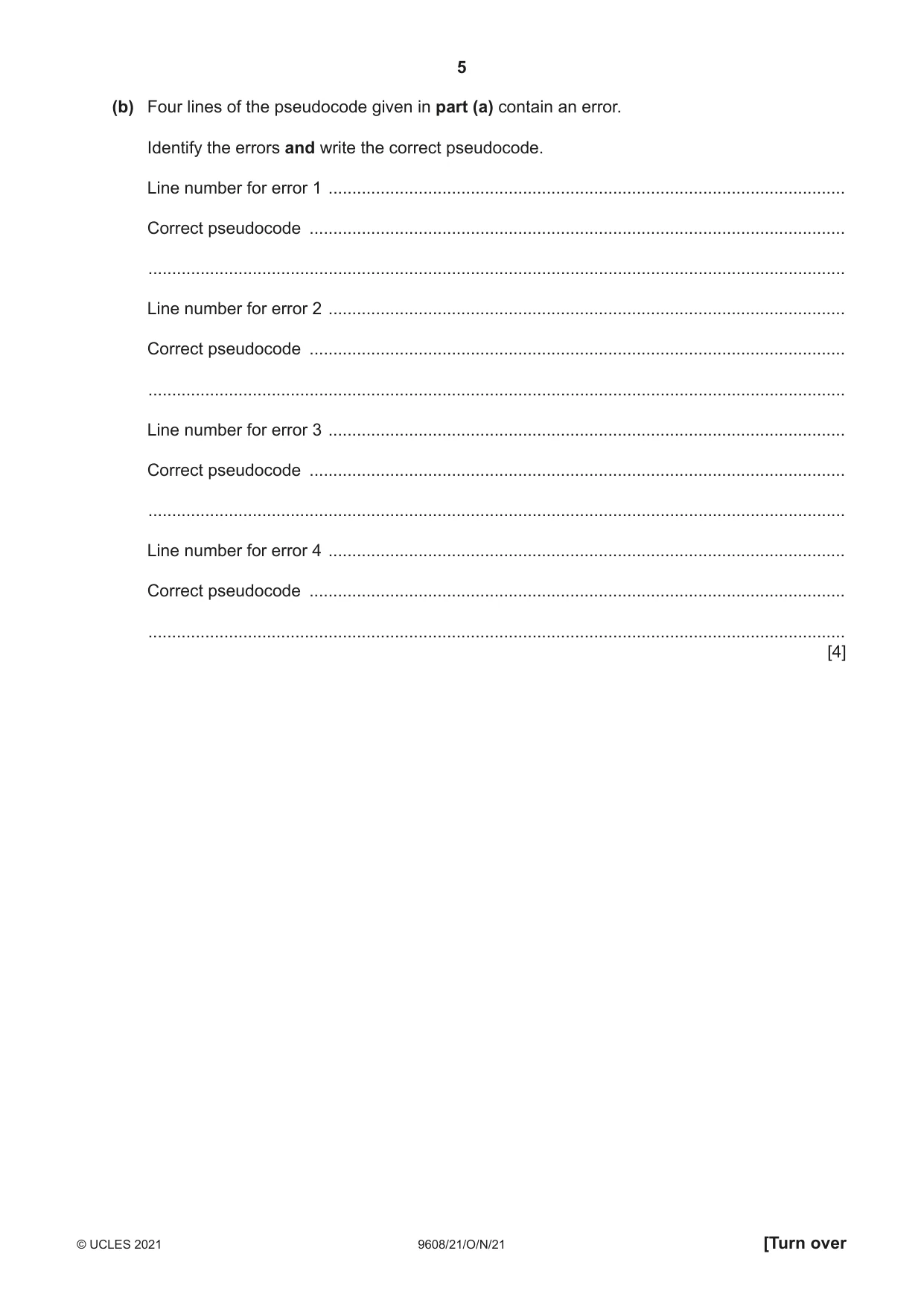 Cambridge A Level Computer Science 9608 2021 Oct/Nov Paper 2 · Variant 1 question paper, page 5 of 20