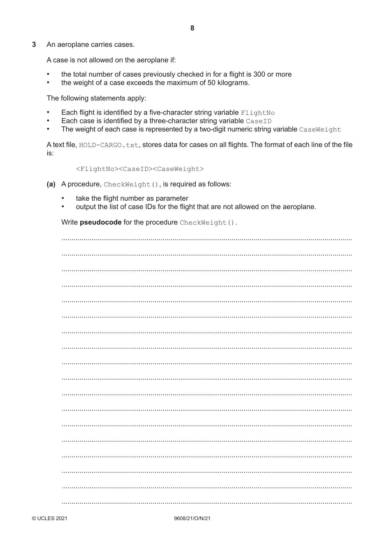 Cambridge A Level Computer Science 9608 2021 Oct/Nov Paper 2 · Variant 1 question paper, page 8 of 20