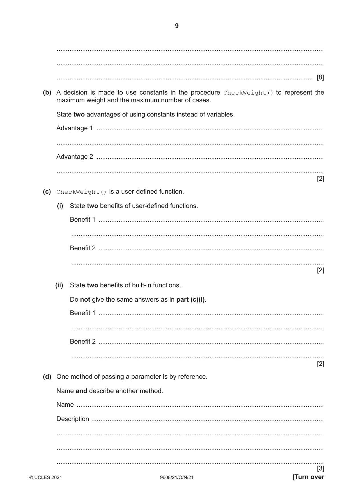 Cambridge A Level Computer Science 9608 2021 Oct/Nov Paper 2 · Variant 1 question paper, page 9 of 20