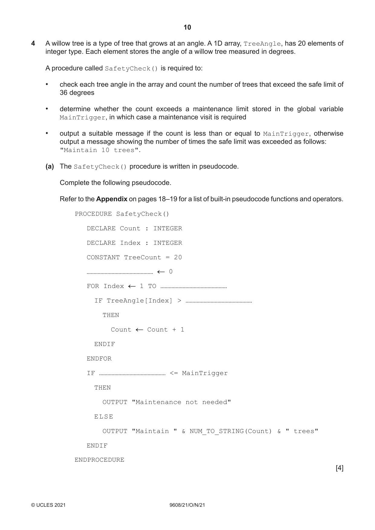 Cambridge A Level Computer Science 9608 2021 Oct/Nov Paper 2 · Variant 1 question paper, page 10 of 20