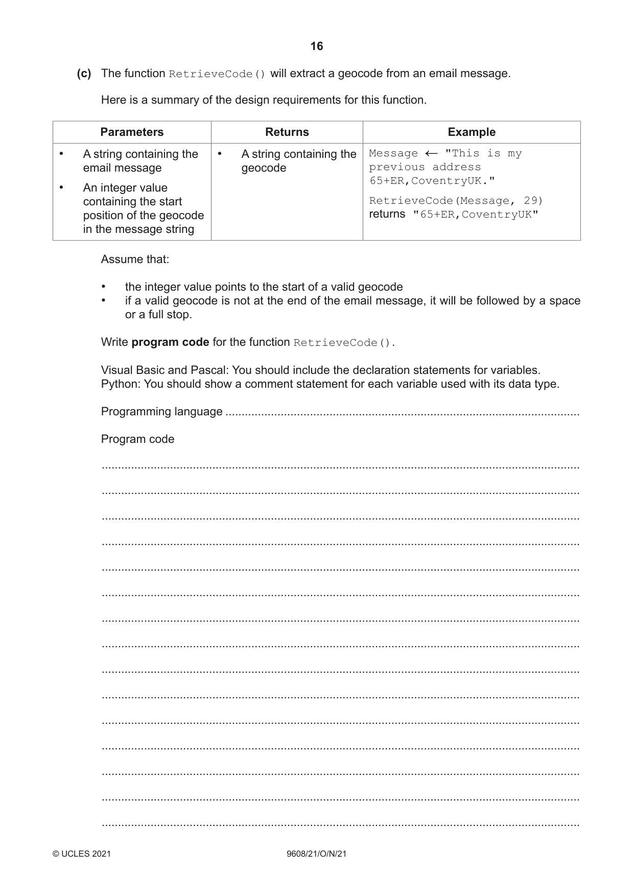 Cambridge A Level Computer Science 9608 2021 Oct/Nov Paper 2 · Variant 1 question paper, page 16 of 20