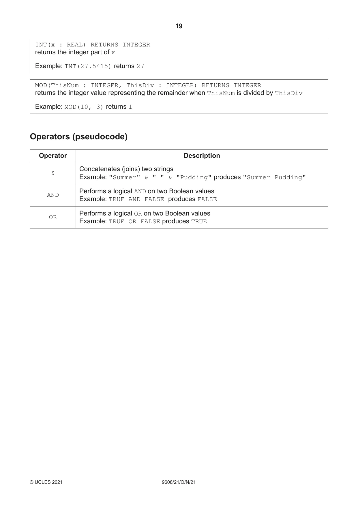 Cambridge A Level Computer Science 9608 2021 Oct/Nov Paper 2 · Variant 1 question paper, page 19 of 20