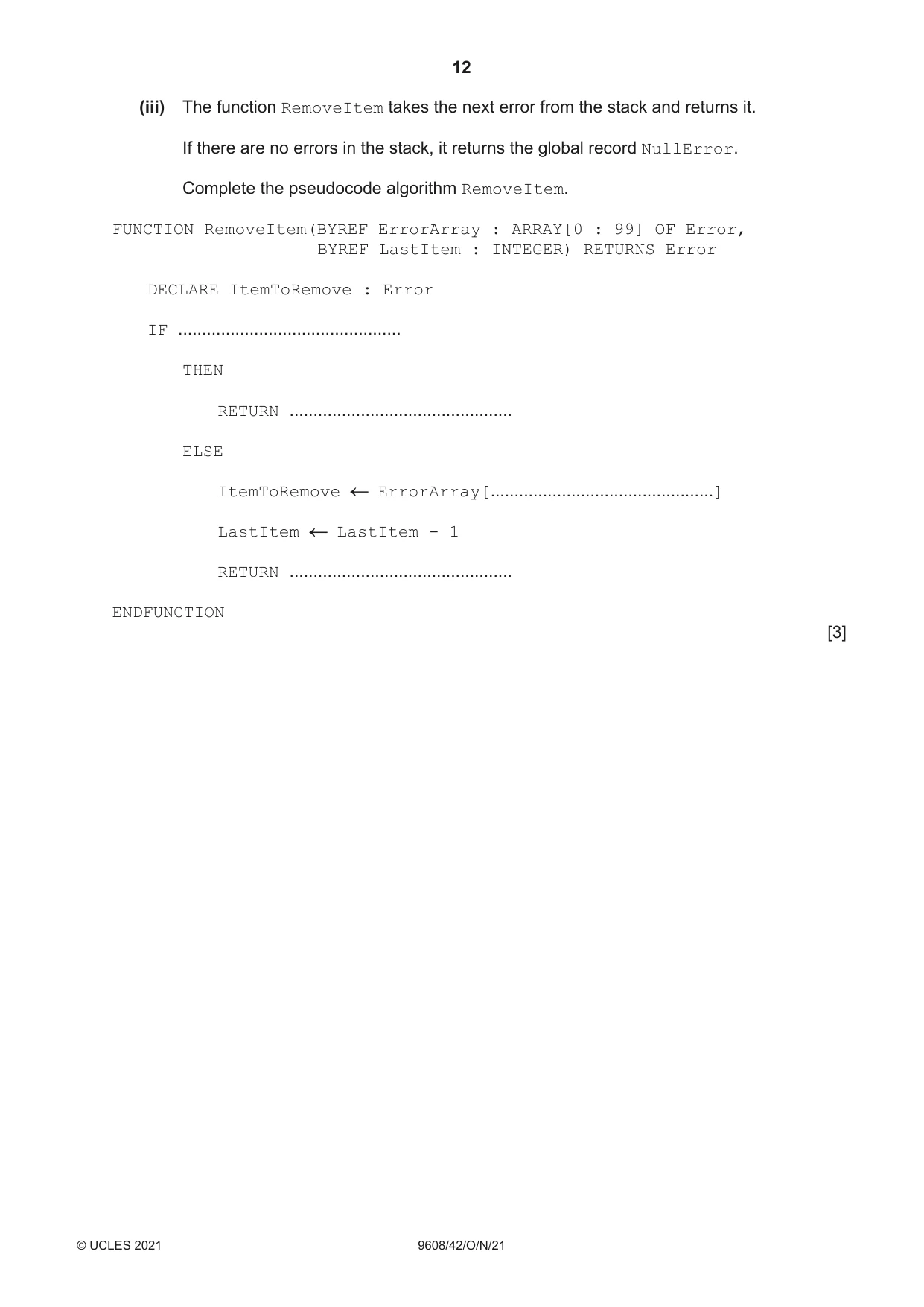 Cambridge A Level Computer Science 9608 2021 Oct/Nov Paper 4 · Variant 2 question paper, page 12 of 20