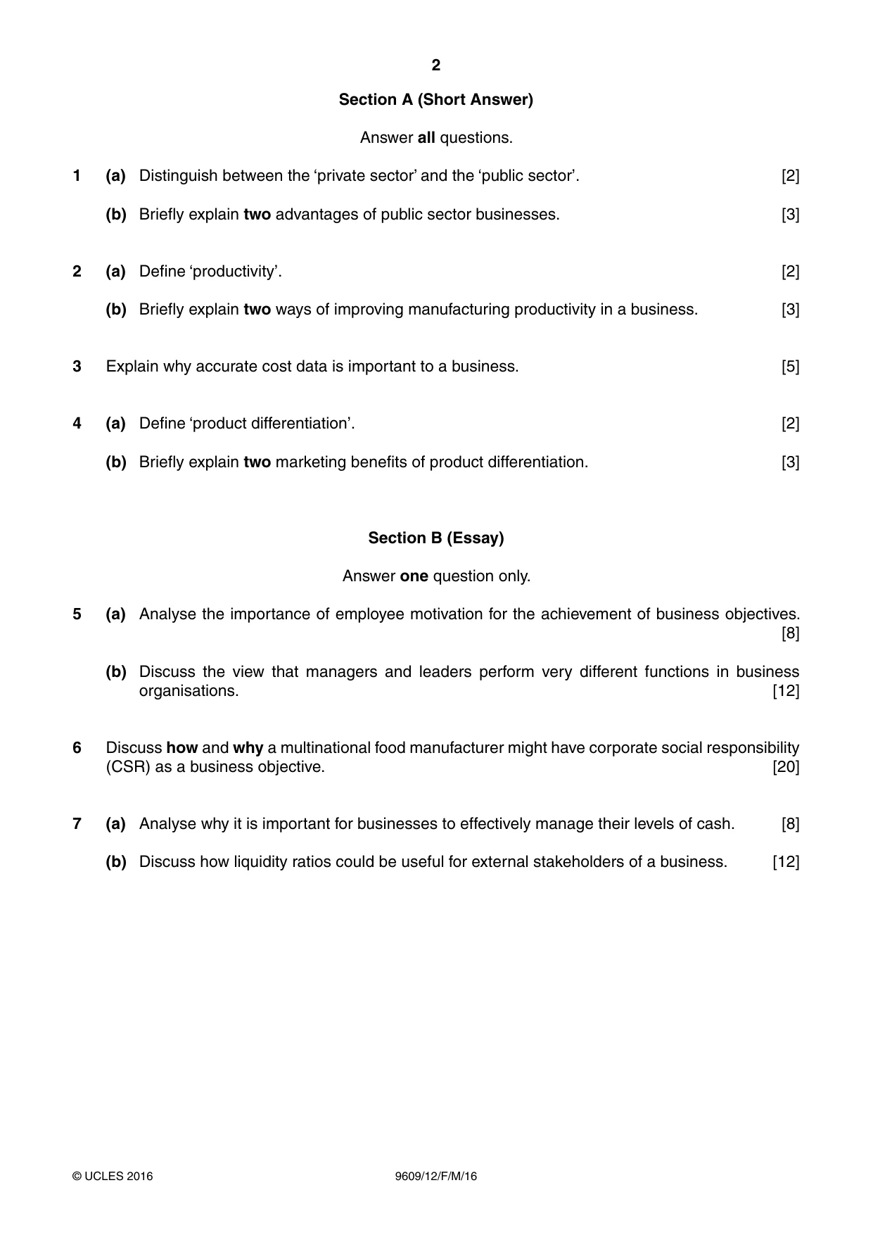 Cambridge A Level Business (for first examination in 2016) 9609 2016 Feb/March Paper 1 · Variant 2 question paper, page 2 of 4