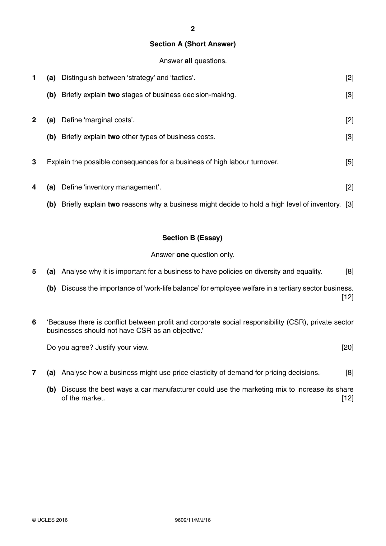Cambridge A Level Business (for first examination in 2016) 9609 2016 May/June Paper 1 · Variant 1 question paper, page 2 of 4
