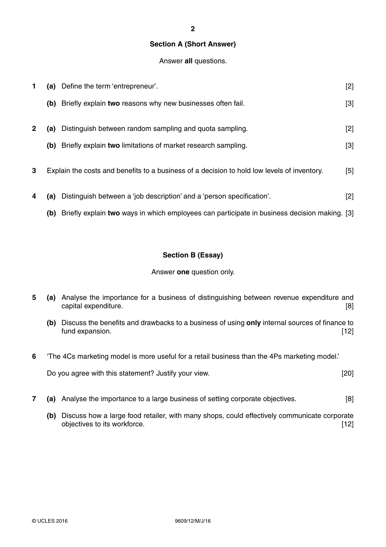 Cambridge A Level Business (for first examination in 2016) 9609 2016 May/June Paper 1 · Variant 2 question paper, page 2 of 4