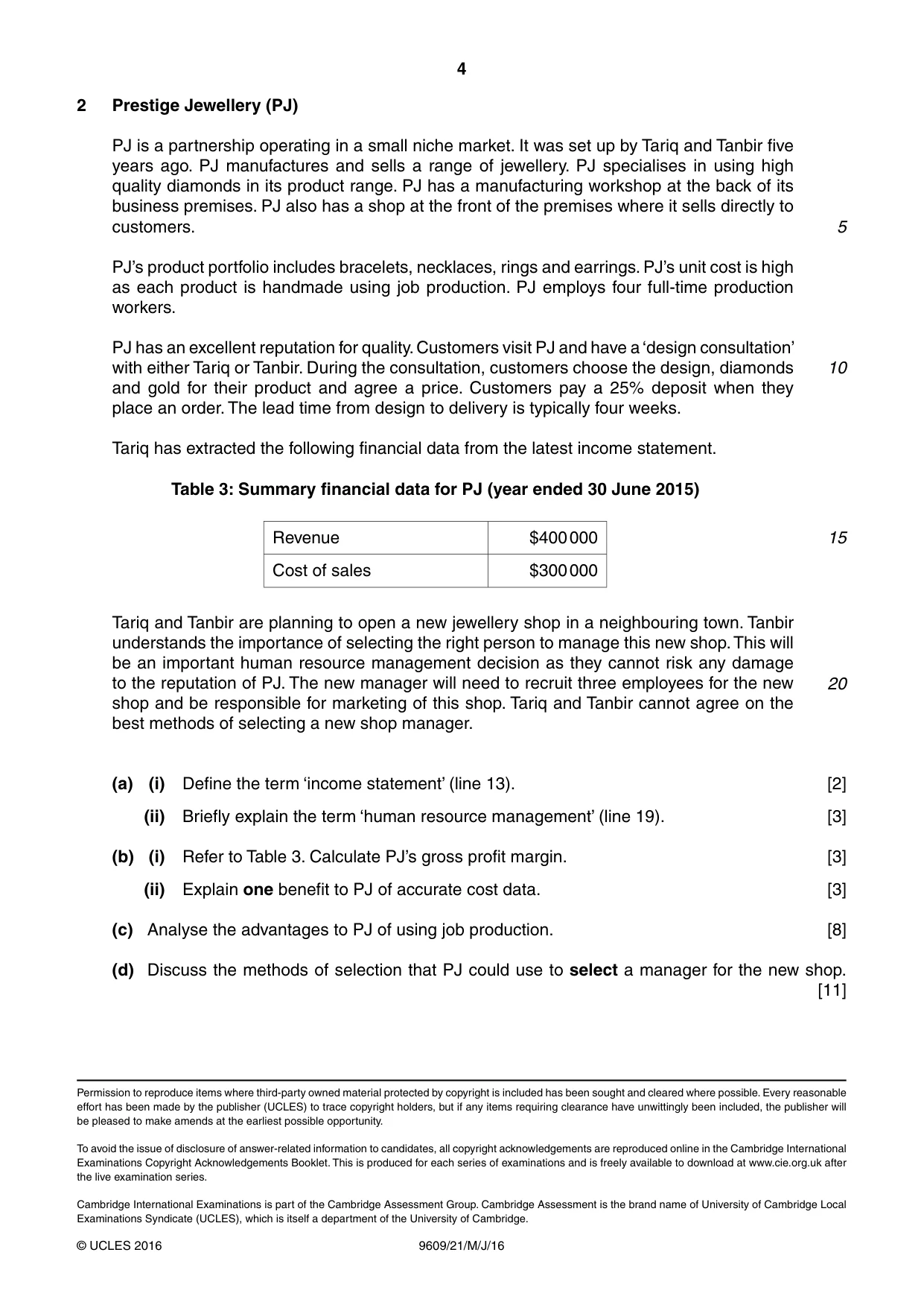 Cambridge A Level Business (for first examination in 2016) 9609 2016 May/June Paper 2 · Variant 1 question paper, page 4 of 4