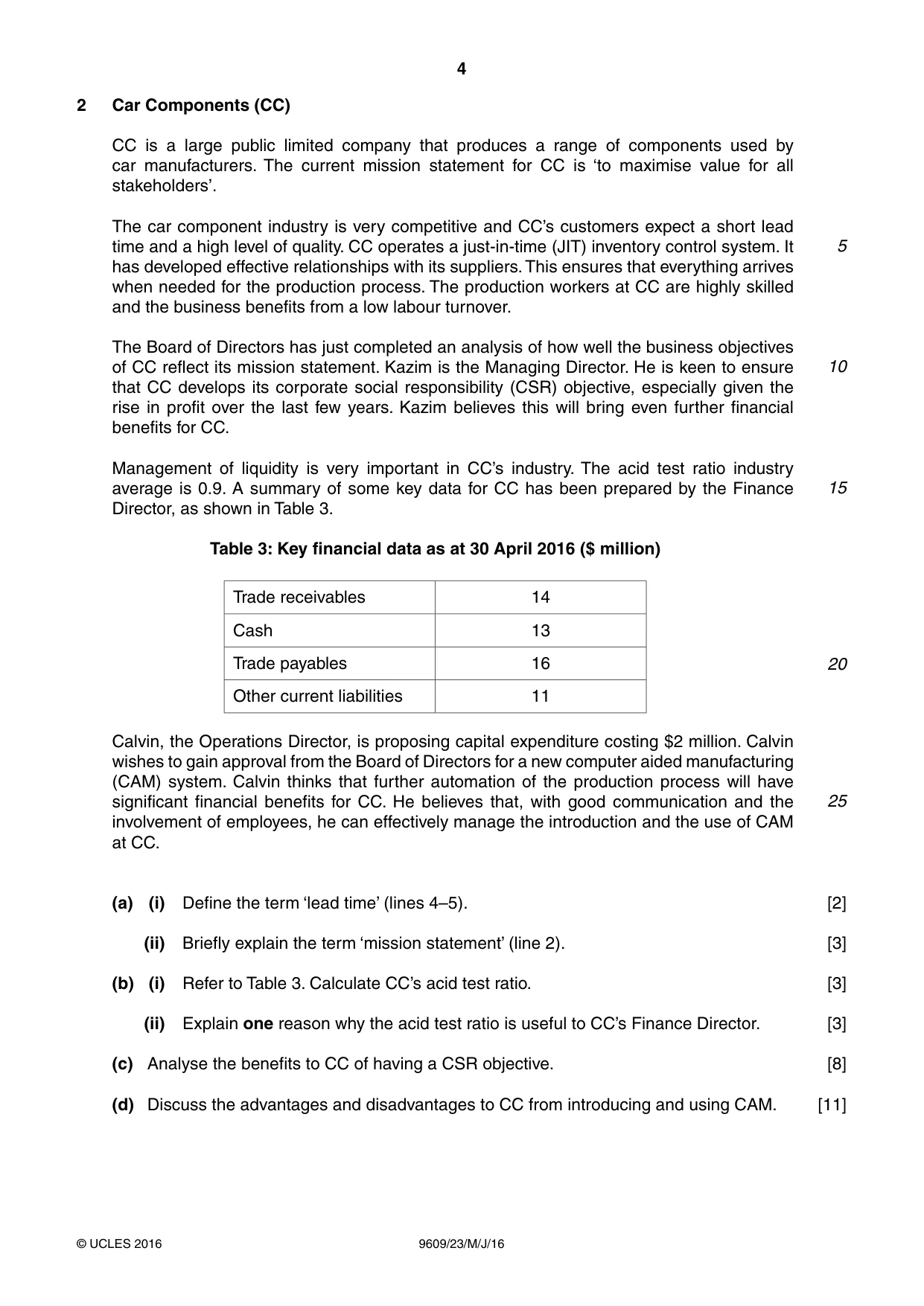 Cambridge A Level Business (for first examination in 2016) 9609 2016 May/June Paper 2 · Variant 3 question paper, page 4 of 4