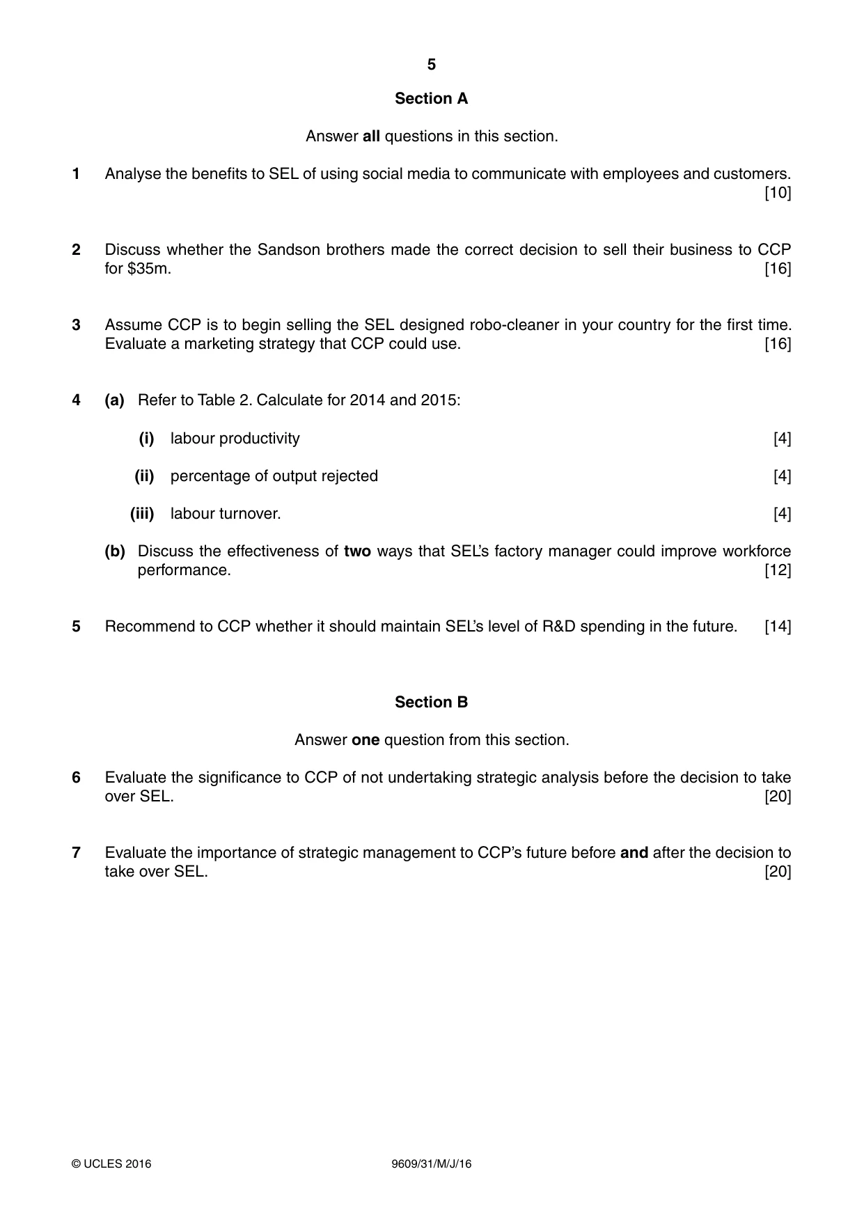 Cambridge A Level Business (for first examination in 2016) 9609 2016 May/June Paper 3 · Variant 1 question paper, page 5 of 8