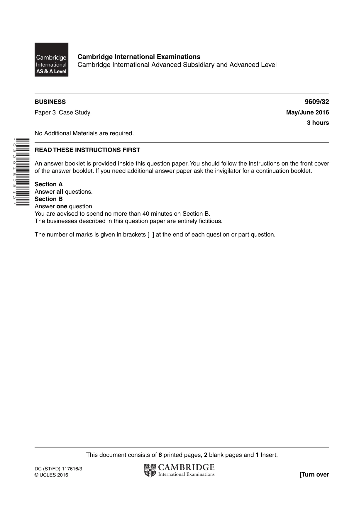Cambridge A Level Business (for first examination in 2016) 9609 2016 May/June Paper 3 · Variant 2 question paper, page 1 of 8