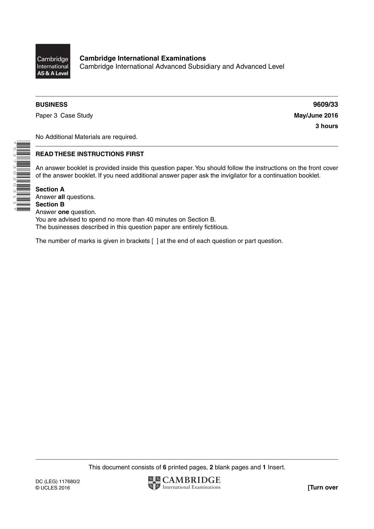 Cambridge A Level Business (for first examination in 2016) 9609 2016 May/June Paper 3 · Variant 3 question paper, page 1 of 8