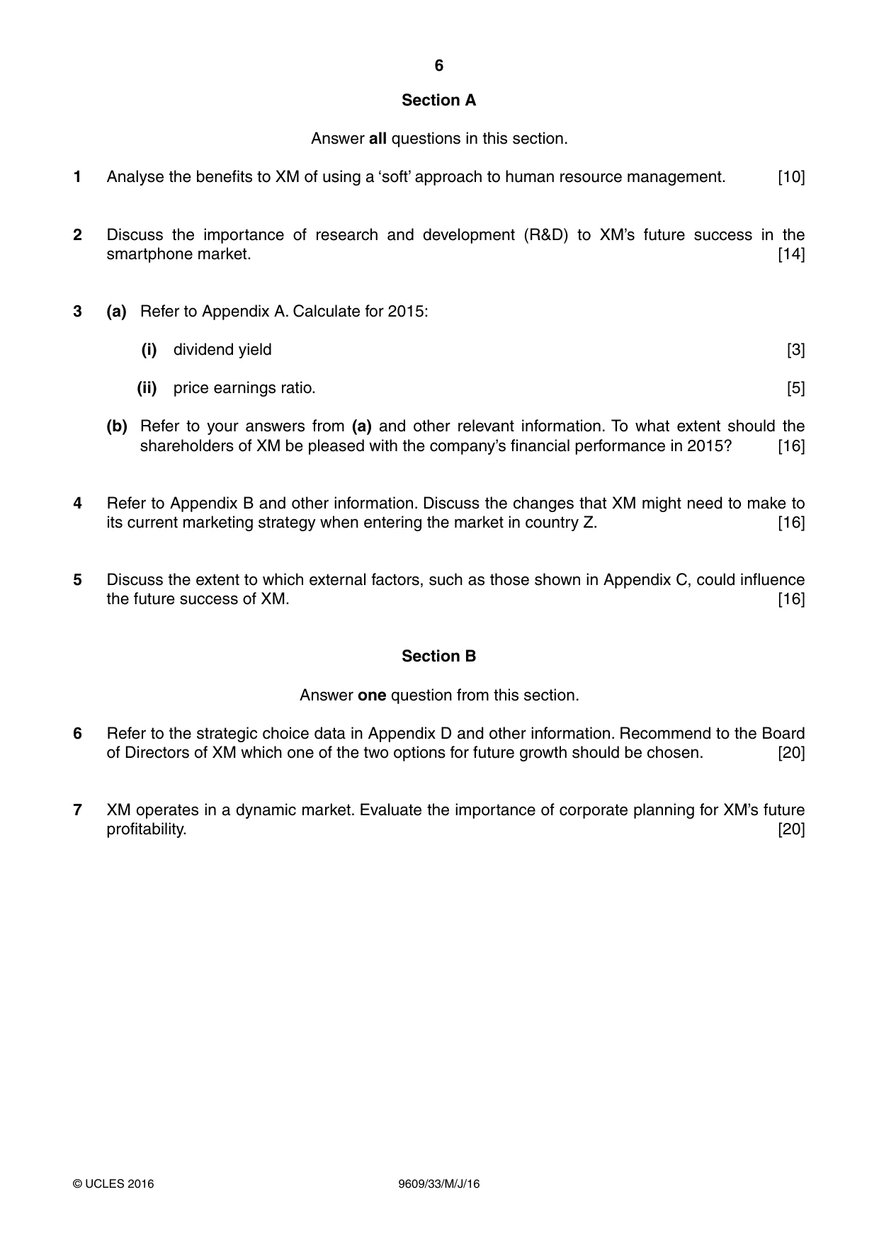 Cambridge A Level Business (for first examination in 2016) 9609 2016 May/June Paper 3 · Variant 3 question paper, page 6 of 8
