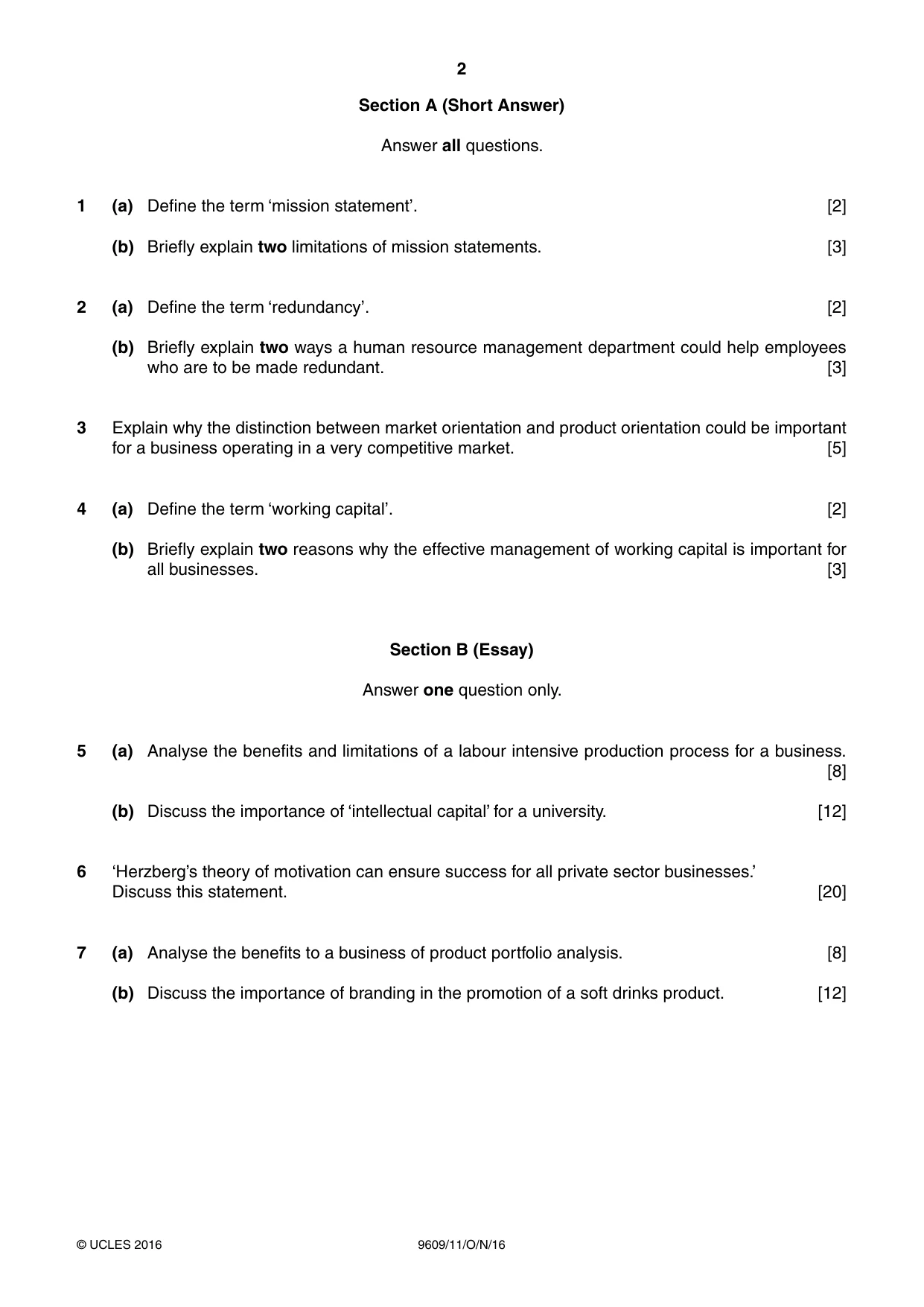 Cambridge A Level Business (for first examination in 2016) 9609 2016 Oct/Nov Paper 1 · Variant 1 question paper, page 2 of 4