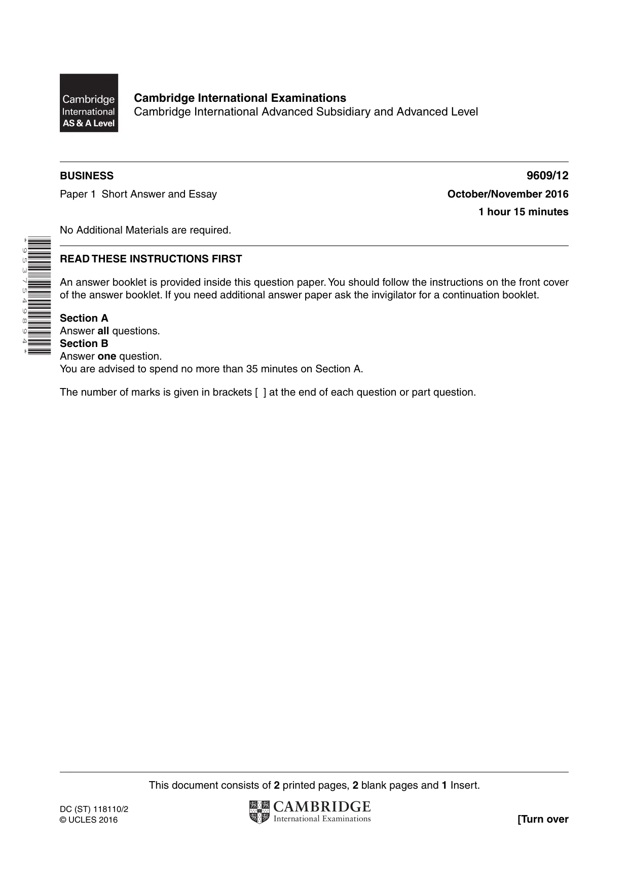 Cambridge A Level Business (for first examination in 2016) 9609 2016 Oct/Nov Paper 1 · Variant 2 question paper, page 1 of 4