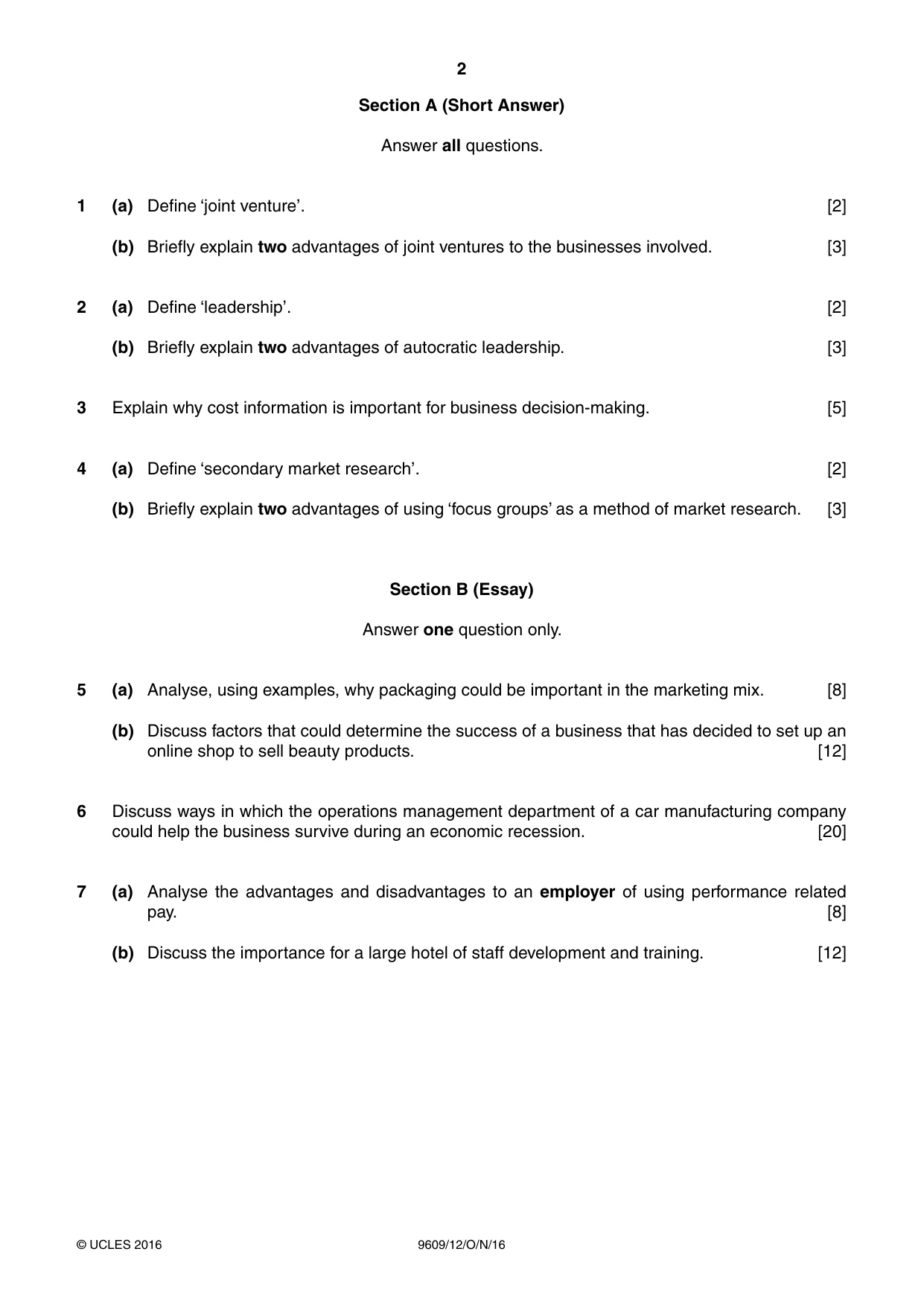 Cambridge A Level Business (for first examination in 2016) 9609 2016 Oct/Nov Paper 1 · Variant 2 question paper, page 2 of 4